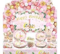 1st Birthday Decorations for Girls, First Birthday Supplies, HAPPY BIRTHDAY ONE Backdrop, Plates, Cups, Napkins, Tablecloth, Straws, Cake Topper, Balloon Arch for Baby Daughter First Party Decoration