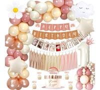 1st Birthday Decorations for Girls - Includes Month Photo Banner, Beige Number 1 Foil Balloon, Cake Topper & Rainbow Happy Birthday Banner
