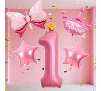 1st Birthday Decorations for Girls, Number 1 Balloon, Pink Balloons - HSC Pink Princess Themed Foil Balloon Set with Bow Crown Star for First Birthday Decorations Girl Party Decor.