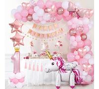 1st Birthday Decorations for Girls, Pink Balloon Arch Kit, Happy Birthday Banner Number 1 Crown Rose Gold Balloons Tassels Star Bunting for Baby Girl First Birthday Party Decoration