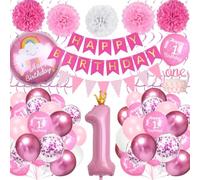 1st Birthday Decorations for Girls, Pink First Party Decorations Set with Pink Number 1 Foil Balloon, Happy Birthday Banner, Paper Pompoms for Girls 1 Year Party Supplies Baby Shower