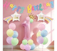 1st Birthday Decorations for Girls - Rainbow Theme Complete Party Set with Number 1 Balloon, 22 Latex Balloons, Banner & Crown for Baby Girl Birthday Party Decor