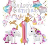 1st Birthday Decorations Kit with 3D Self Standing Unicorn, Star Heart Balloons, Hanging Swirls for Princess Theme Girls Kids Magical Party Supplies