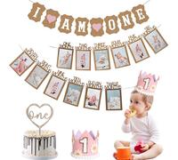 1st Birthday Decorations Pink Banner - 4 Pcs First Birthday Decoration Including I AM ONE Banner Crown Hat Cake Topper For Baby Girl Baby Shower Party Supplies