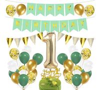1st Birthday Decorations Set Boys -25pcs Green Bronzing Happy Birthday Banner Gold Triangle Bunting Garland Happy 1st Birthday Cake Topper Confetti Balloons for Girls Boys Birthday Party Anniversary