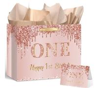 1st Birthday Gift Bag, 1st Birthday Wrapping Paper & Card, Rose Gold