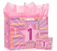1st Birthday Gift Bag with Card & 3 Sheets Pink Tissue Paper, Glitter Pink Number 1 Star Present Bag for Girls, Large Luxury Happy Birthday Wrapping for Daughter Granddaughter 1 Year Old