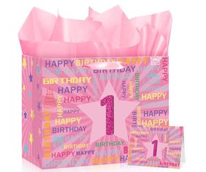 1st Birthday Gift Bag with Card & 3 Sheets Pink Tissue Paper, Glitter Pink Number 1 Star Present Bag for Girls, Large Luxury Happy Birthday Wrapping for Daughter Granddaughter 1 Year Old