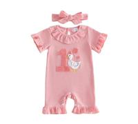 1st Birthday Girl Romper Short Sleeve Jumpsuit Goose Embroidery Bodysuit Cake Smash Outfit 1st Birthday Girl 1 Year Old Clothes i am 1 Outfit 6-12 Month Age 12-18 Months (Pink, 12-18 Months)