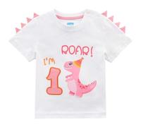 1st Birthday Girl T-Shirt Dinosaur Party B-Day Themed Tee Gift for Baby Dino First Birthday T Shirt Cotton Short Sleeve T-Rex Printed White