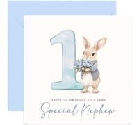 1st Birthday Greeting Card for Nephew - Blue Bunny Rabbit with Watercolour 1 Design - Baby Boy Bday Cards - For Family - Keepsake Gifts for First Birthday