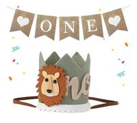 1st Birthday Hat,Baby One First Crown Decorations Party Decoration Supplies Cake Accessories Comes With 1 Set Of Imitation Linen Lanyard Safari Carnival Lion Theme,Suitable for Baby's Boys Girls
