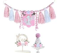 1st Birthday Highchair Banner Decorations For First Boys Khaki Cone Hat With One Cake Topper Photo Backdrop (Pink Flower)
