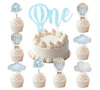 1st Birthday Hot Air Balloon Cake Decor, 25Pcs Hot Air Cloud Balloon First Birthday Cake Cupcake Topper Light Blue First Birthday Party Decorations Travel Begins Glitter 1st Birthday Cake Decor
