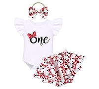 1st Birthday Outfit For Baby Girls Short Sleeve Romper+ Floral Bottoms Shorts +Headband Newborn Infant Girls One Year Old Birthday Cake Smash Photo Shoot Summer Clothes Bowknot 6-12 Months