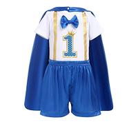 1st Birthday Outfit For Boys, Royal Prince Fany Dress Bow Tie Romper Short Pants Cloak Birthday Crown 3pcs Set Kids First Birthday Cake Smash Photoshoot Gentlemen Clothes Royal Blue(3pcs) 1 Year