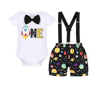 1st Birthday Outfit for Boys Space Theme Bow Tie Romper+Diaper Cover Shorts+Y-Back Suspenders Gentleman Formal 3pcs Set First Birthday Party Cake Smash Photo Shoot Black-Rocket 6-12 Months