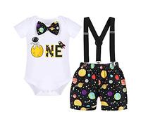 1st Birthday Outfit for Boys Space Theme Bow Tie Romper+Diaper Cover Shorts+Y-Back Suspenders Gentleman Formal 3pcs Set First Birthday Party Cake Smash Photo Shoot Black-Astronaut 6-12 Months