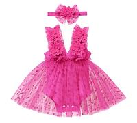 1st Birthday Outfit Girl Princess Dress First Birthday Cake Smash Outfit Flower Embroidery Sleeveless V-Neck Tulle Tutu Romper Bodysuit with Headband Set Newborn Phoot Shooting Props Hot Pink 6-12M