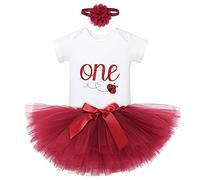 1st Birthday Outfits for Baby Girls Beetle Bodysuit Romper+Tulle Tutu Skirt+Headband 3pcs Clothes Set Cake Smash Photo Shoot Halloween Princess Fancy Dress Up Costume Gown Burgundy-Beetle 12-18 Months