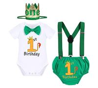 1st Birthday Outfits for Baby Girls Boys Gentleman Animal Jungle Lion Romper+Diaper Cover Shorts PP Pants+Y-Back Suspenders+Crown Headband 4pcs Set Cake Smash Photo Shoot Green-1st 12-18 Months
