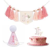 1st Birthday Party Banner Decorations 3pcs Cute Goose Cone Party Hat+Cake Topper+Tassel Garland for Baby Girls Boys (Pink, 3Pcs)