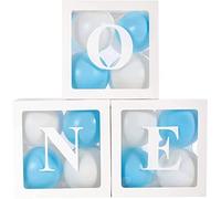 1st Birthday Party Decorations Boxes for Boys, 3Pcs Balloon Boxes with 24 Blue White Balloons and ONE Letters, Balloon Blocks for Baby First Birthday Backdrop, 1 One Year Old Birthdays Party Supplies