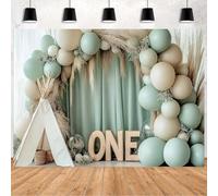 1st Birthday Party Tent Boho Backdrop Green Bohemian Style Balloon 1st Birthday First One Year Old Birthday Party Decor Background Baby Shower Cake Smash Backdrop (A, 7x5feet)