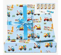 1st Birthday Wrapping Paper 1 Year Old Gift Wrapping Paper First Birthday Boy Age 1 Digger Construction Wrapping Paper Age One Male Yellow Blue Gift Wrap Birthday Paper for Birthday Gift(5 Sheets)
