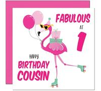 1st Cousin Birthday Card - Fabulous Flamingo - Ladies Womens Pink Cute Cousins Birthday Card for 1 Year old Kids Baby One, first