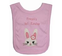 1st Easter Sweet Bunny Face Personalised Bib. Handmade in The UK with Embroidered Name. (Pink)