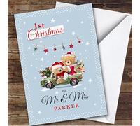 1st First Xmas As Mr & Mrs Red Car Bear Couple Personalised Christmas Card - Special Relative Personalised Christmas Card, Adult Christmas Card