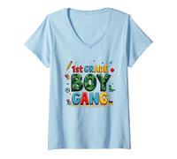 1st Grade Boy Gang: Playful School Adventure Squad V-Neck T-Shirt, Women, Baby Blue, S