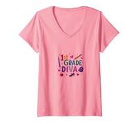 1st Grade Diva: Sassy School Starter Celebration V-Neck T-Shirt, Women, Pink, M
