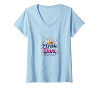 1st Grade Diva Sparkle and Shine Crown Stars V-Neck T-Shirt, Women, Baby Blue, XXL