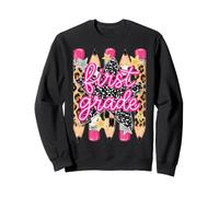 1st Grade Girls Pencils Preppy Stripe Leopard Composition Sweatshirt