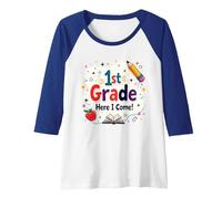 1st Grade Here I Come Cute School Milestone Raglan Baseball Tee, Women, Royal Blue/White, S