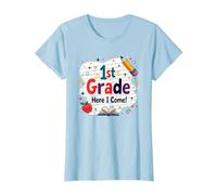 1st Grade Here I Come Cute School Milestone T-Shirt, Women, Baby Blue, S