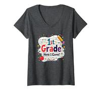 1st Grade Here I Come Cute School Milestone V-Neck T-Shirt, Women, Dark Heather Grey, M