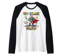 1st Grade Hero Robot Interlocking Bricks School Raglan Baseball Tee