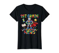 1st Grade Hero Robot Interlocking Bricks School Value Graphic T-Shirt, Women, Black, XL