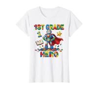 1st Grade Hero Robot Interlocking Bricks School Value Graphic T-Shirt, Women, White, XS