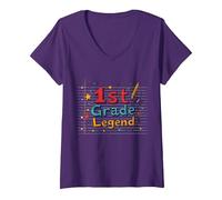 1st Grade Legend: School Starter's Milestone Celebration V-Neck T-Shirt, Women, Purple, L