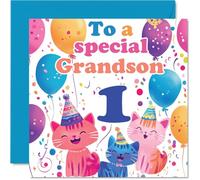 1st Grandson Birthday Card - Cute Cats Special - Happy 1st Birthday Card for Grandson from Nanny, Grandma, Grandad, 145mm Age 1 Greeting