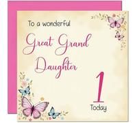 1st Great Granddaughter Birthday Card - Beautiful Butterfly Floral Birthday Card for 1 Year old Kids Baby One, first
