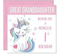 1st Great Granddaughter Birthday Card - Meowgical Funny Cat Birthday Card for 1 Year old Kids Baby One, first