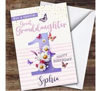 1st Great Granddaughter Purple Floral Butterflies Personalised Birthday Card - Personalised Birthday Card For 1st Birthday, Custom Birthday Card