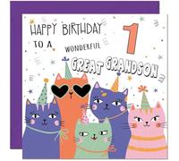 1st Great Grandson Birthday Card - Childrens Cute Cat Great-Grandson Birthday Card for 1 Year old Kids Baby One, first