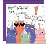 1st Great Nephew Birthday Cards - Childrens Cute Cat Great Nephew Birthday Card for 1 Year old Kids Baby One, first
