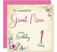 1st Great Niece Birthday Card - Beautiful Butterfly Floral Great Nieces Birthday Card for 1 Year old Kids Baby One, first